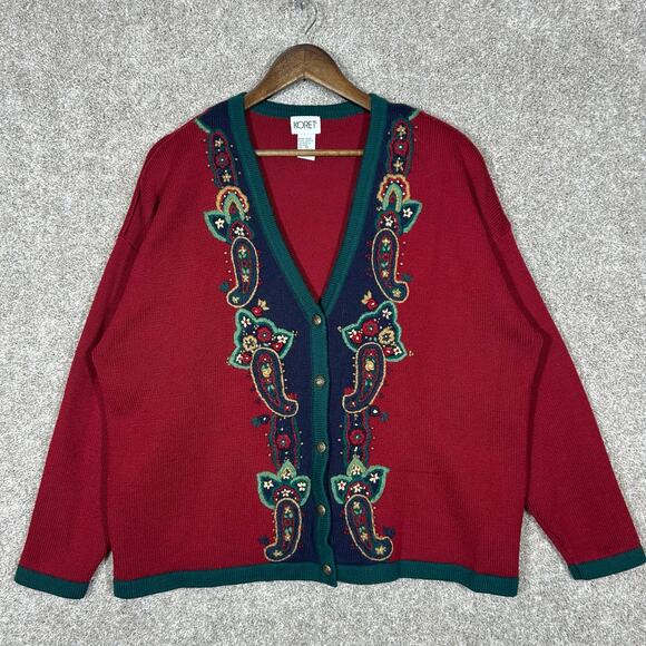 Vintage Koret Sweater Women's Red Wool Blend Cardigan Paisley Cottage Size 2X - Picture 1 of 6